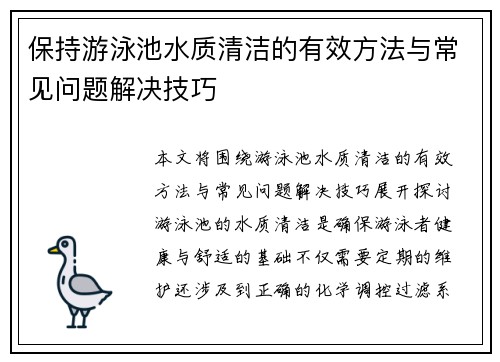 保持游泳池水质清洁的有效方法与常见问题解决技巧